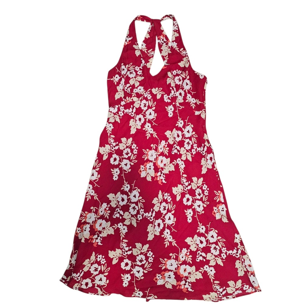 LOFT 6 Red Floral 100% Silk Halter Midi Dress Tropical‎ Resort 90s Vacation Bias